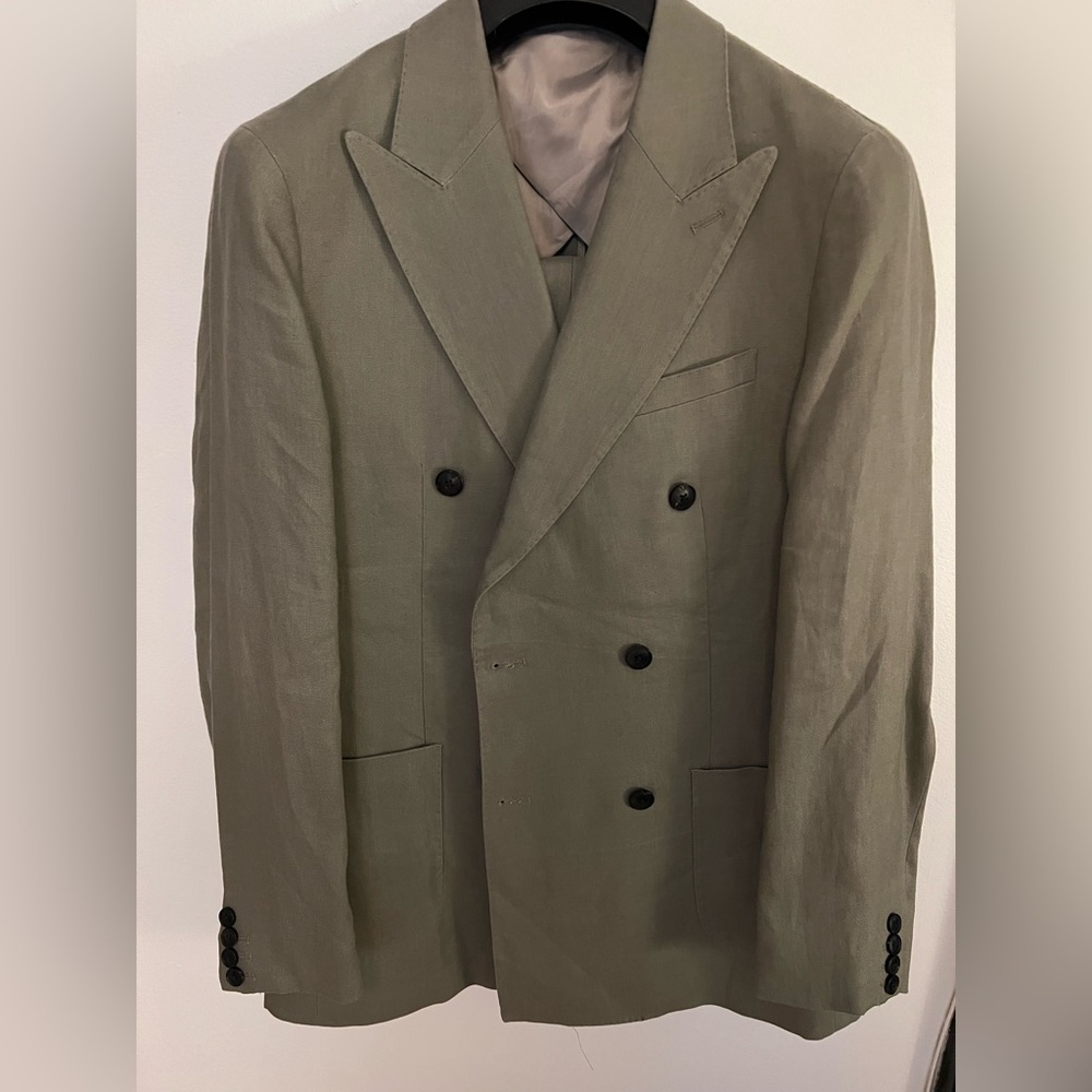 Reiss Olive linen, double breasted suit.